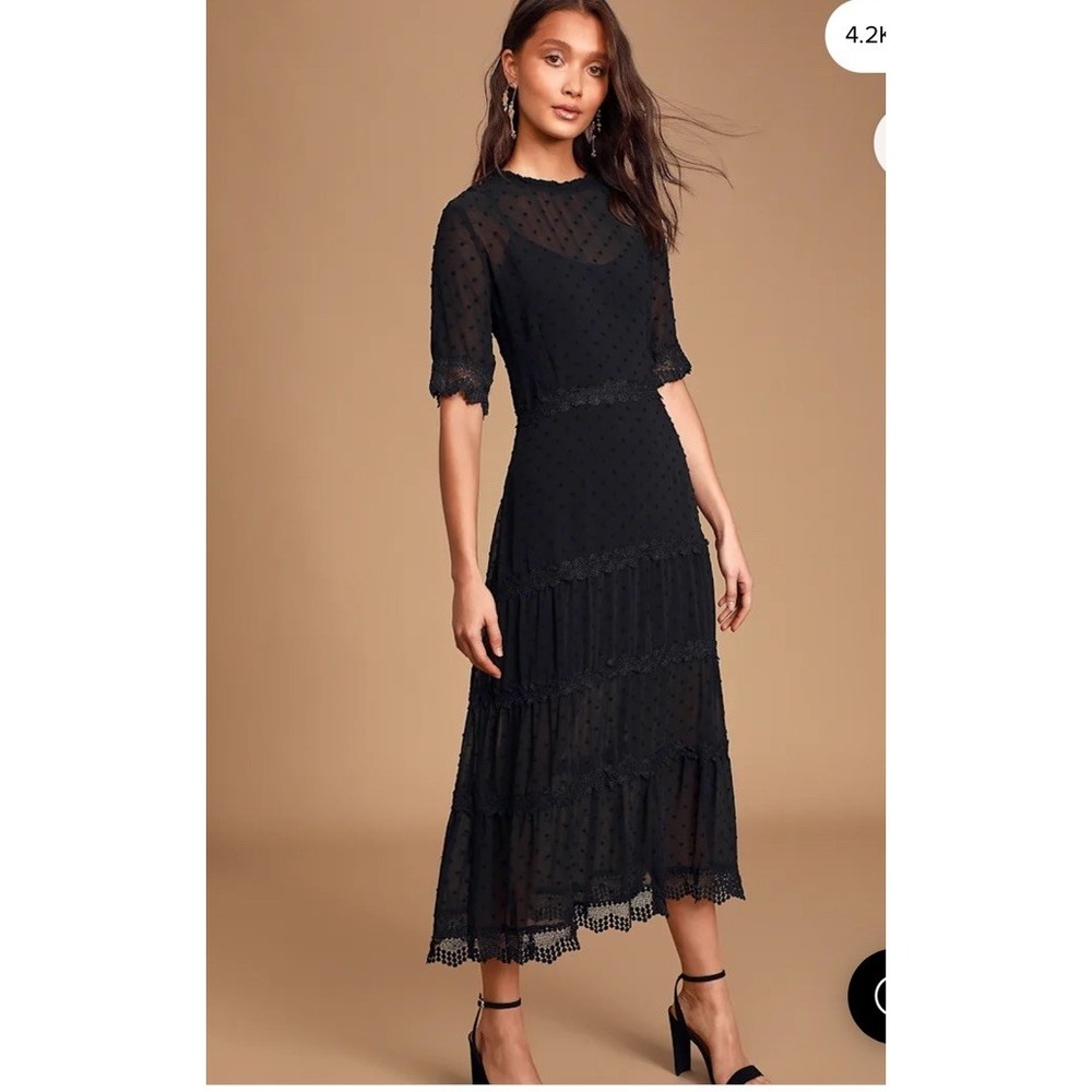Lulus Dreaming Of You Black Swiss Dot Dress Medium Crochet Lace Dark Romantic XL